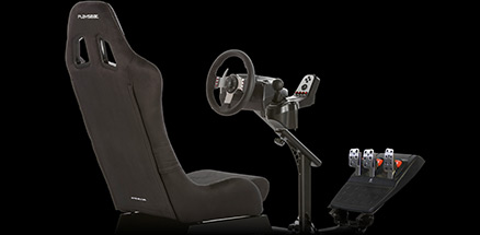 Side view of PLAYSEAT simulated racing cockpit, with G27