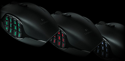 Three G600 mice with customized color backlighting