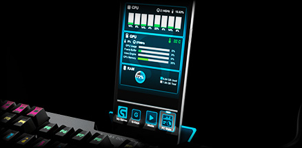 Arx Control Integration shows in-game stats on a mobile screen docked with G910 keyboard ARX dock