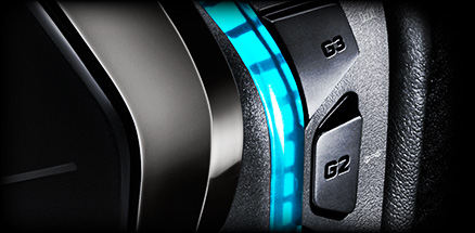 Close up of G633 earpiece, RGB programmable button